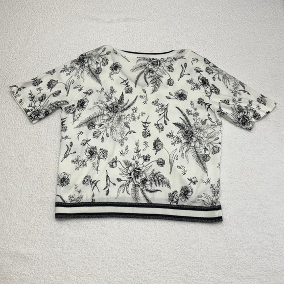 Talbots XL Black White Floral Botanical V-Neck Knit Top Short Sleeve Rib Hem NWT - Picture 6 of 6